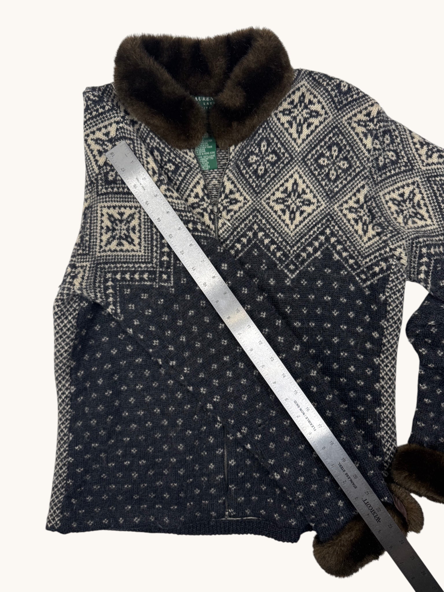 90s Ralph Lauren Blue Patterned Zipper Sweater - M
