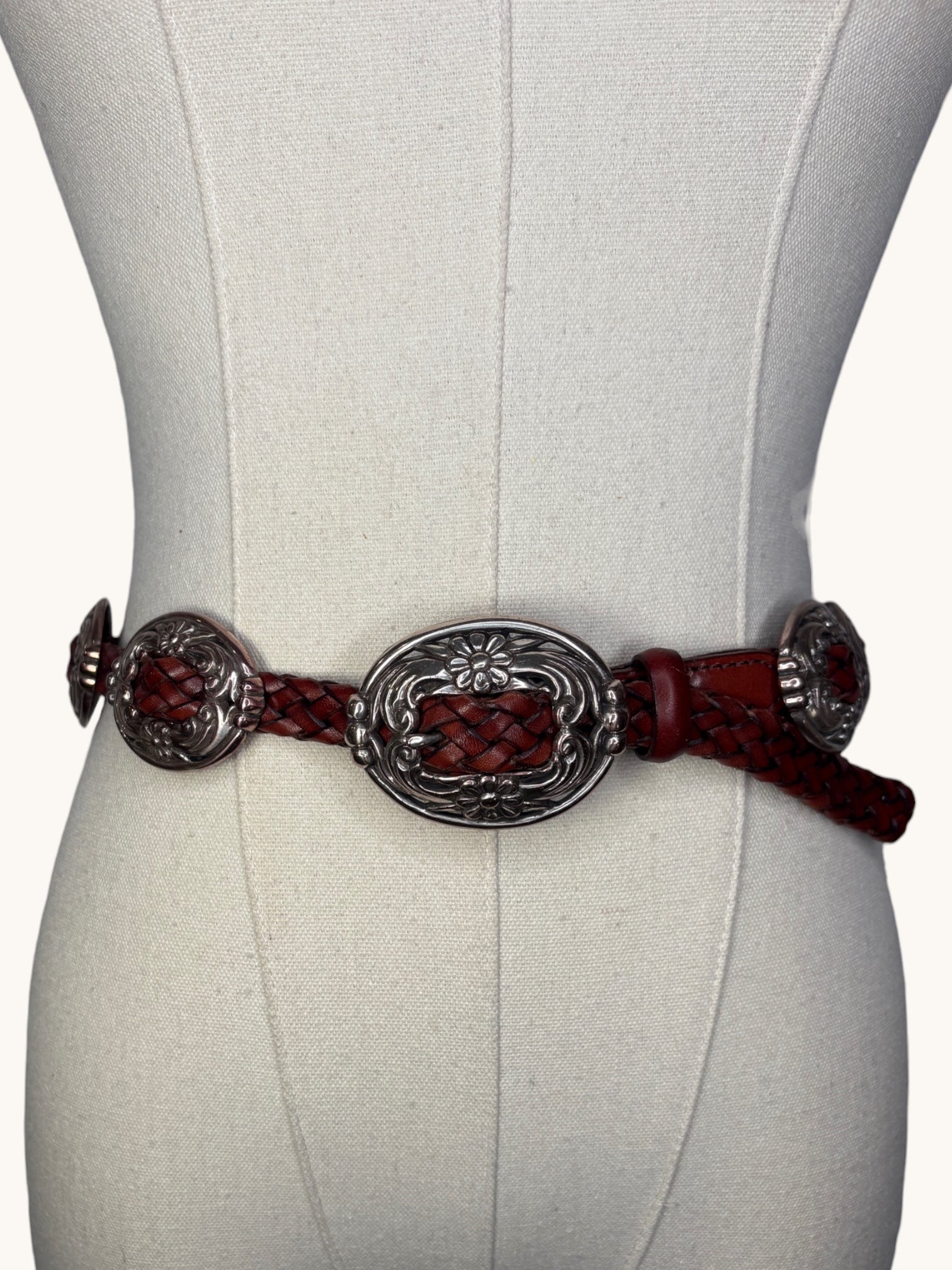 90s Brighton Braided Brown Leather Belt with Silver Accents - S