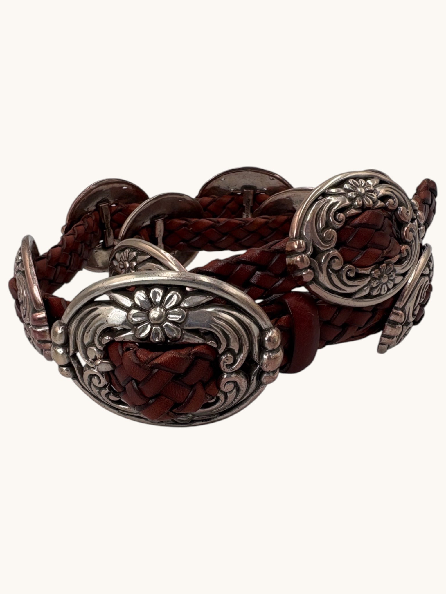 90s Brighton Braided Brown Leather Belt with Silver Accents - S