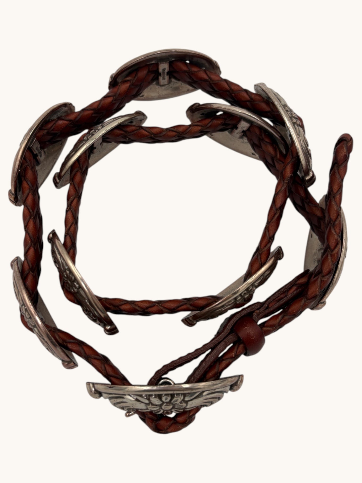 90s Brighton Braided Brown Leather Belt with Silver Accents - S