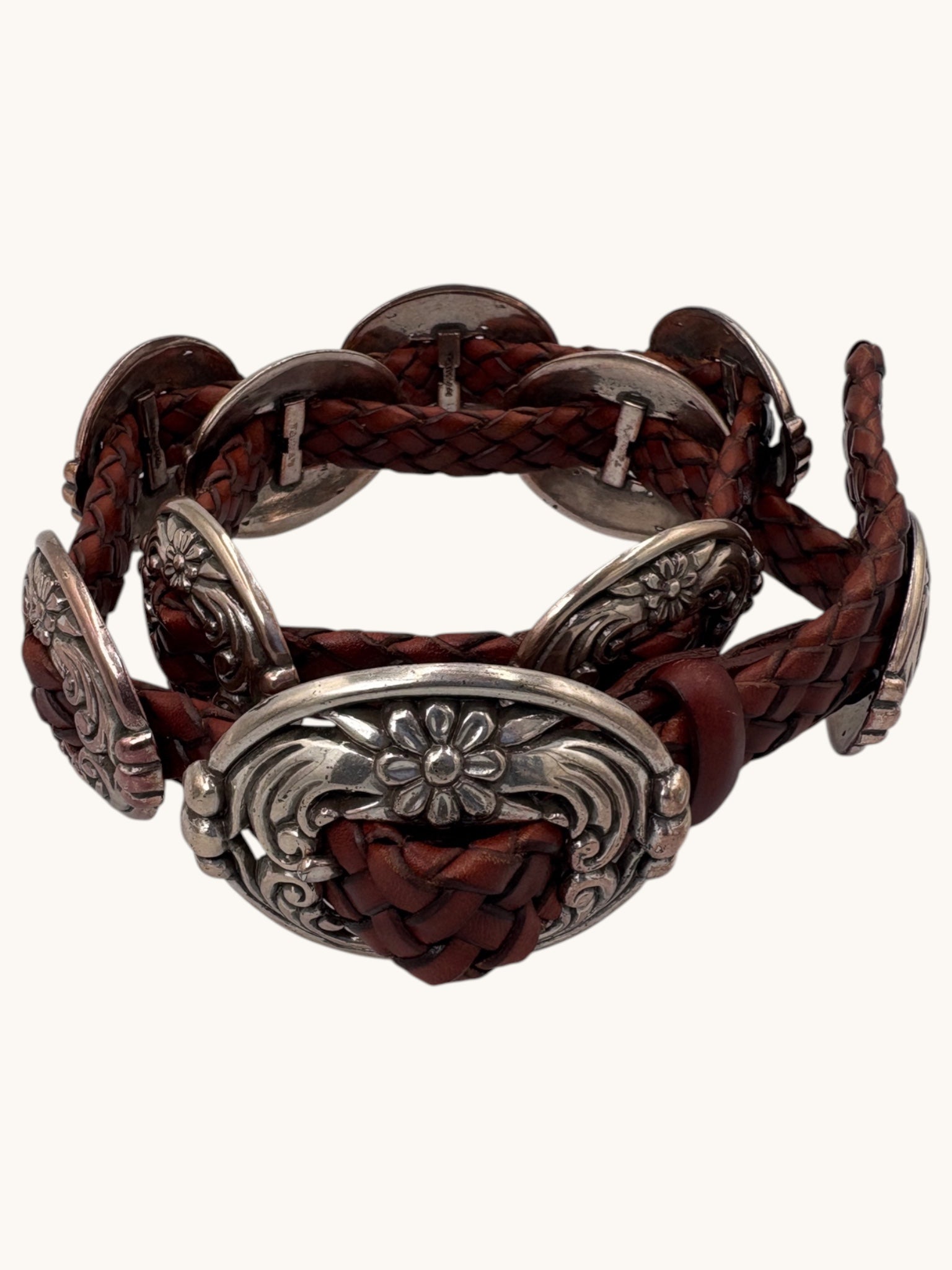 90s Brighton Braided Brown Leather Belt with Silver Accents - S