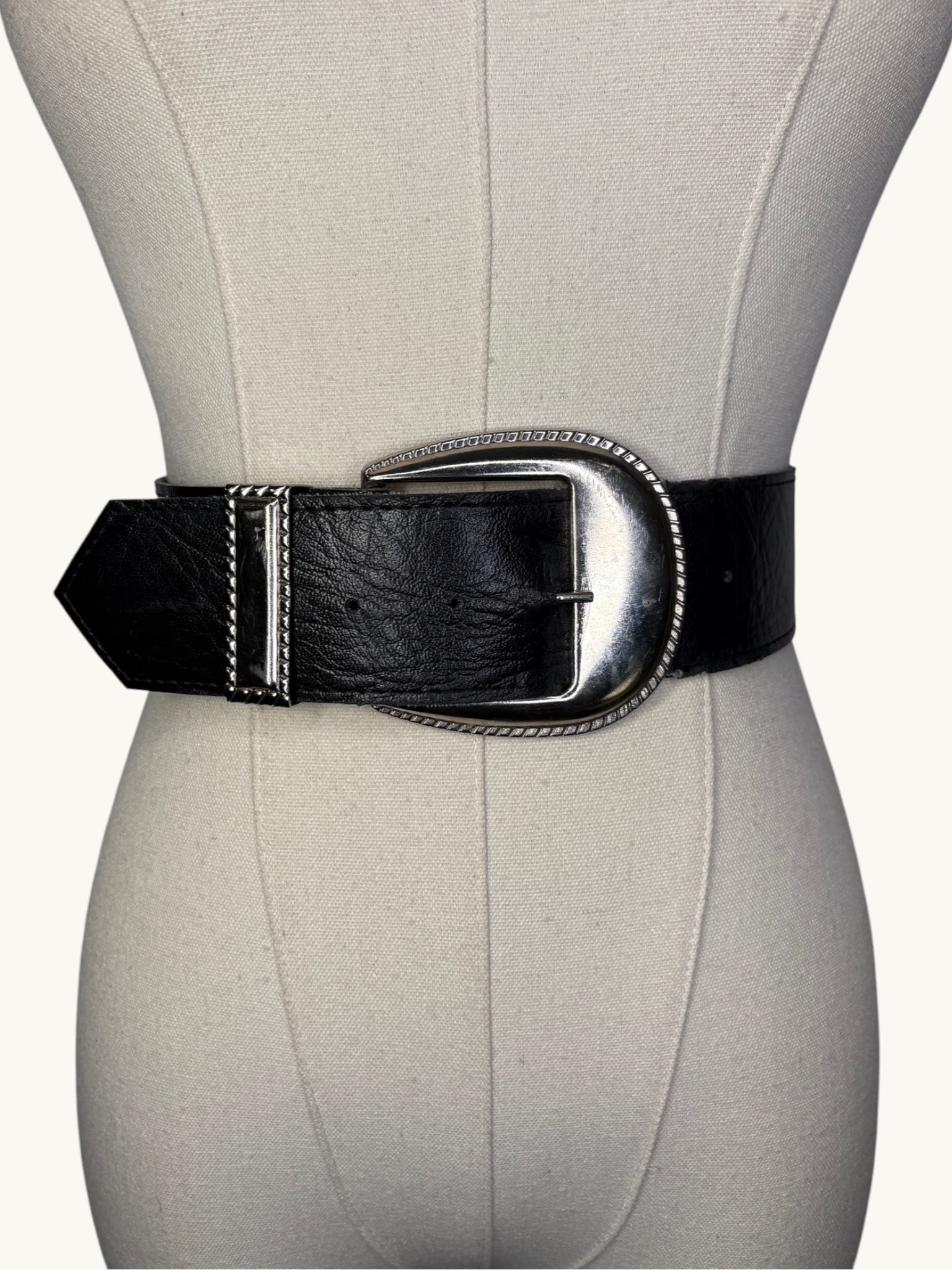 90s Black Leather Belt with Silver Buckle