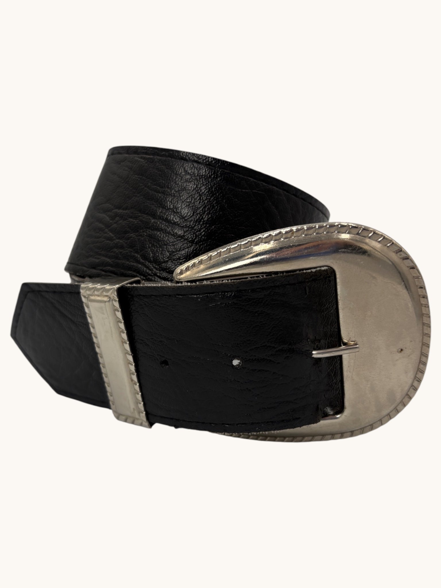 90s Black Leather Belt with Silver Buckle