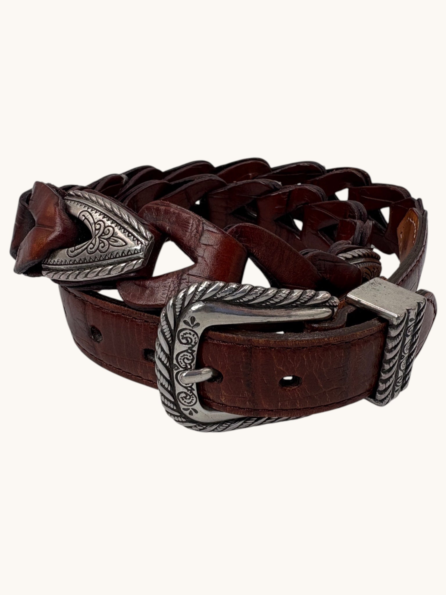 90s Brown Leather Belt with Silver Accents - S