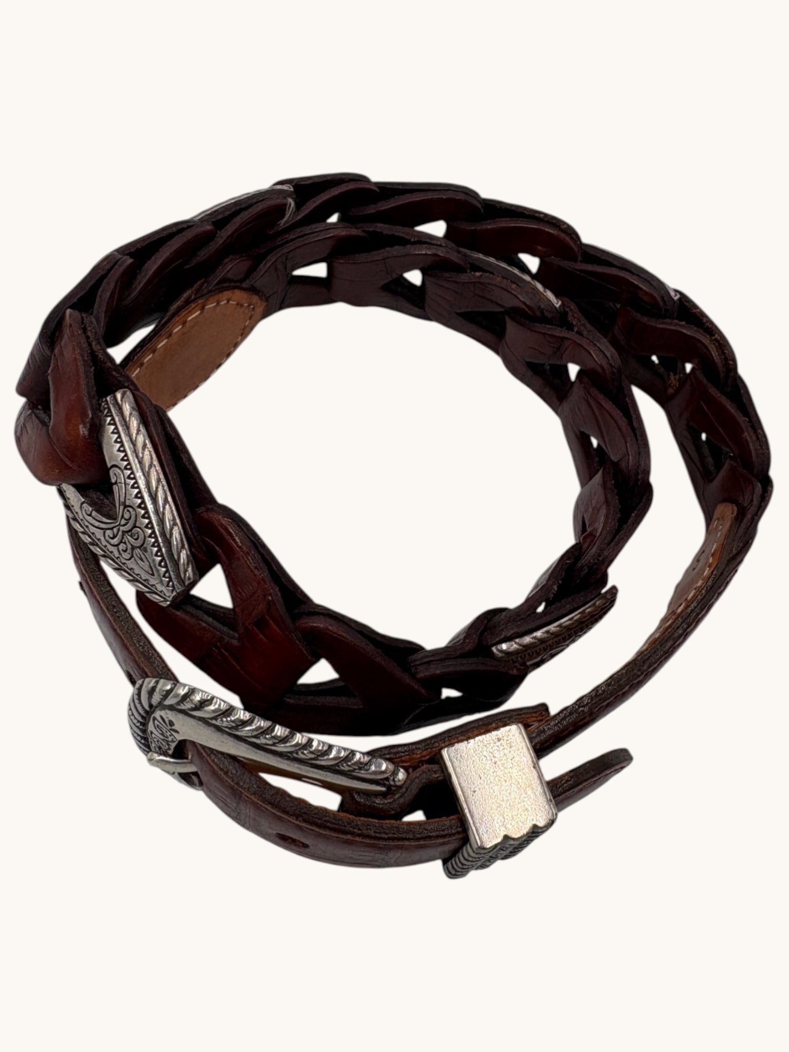 90s Brown Leather Belt with Silver Accents - S
