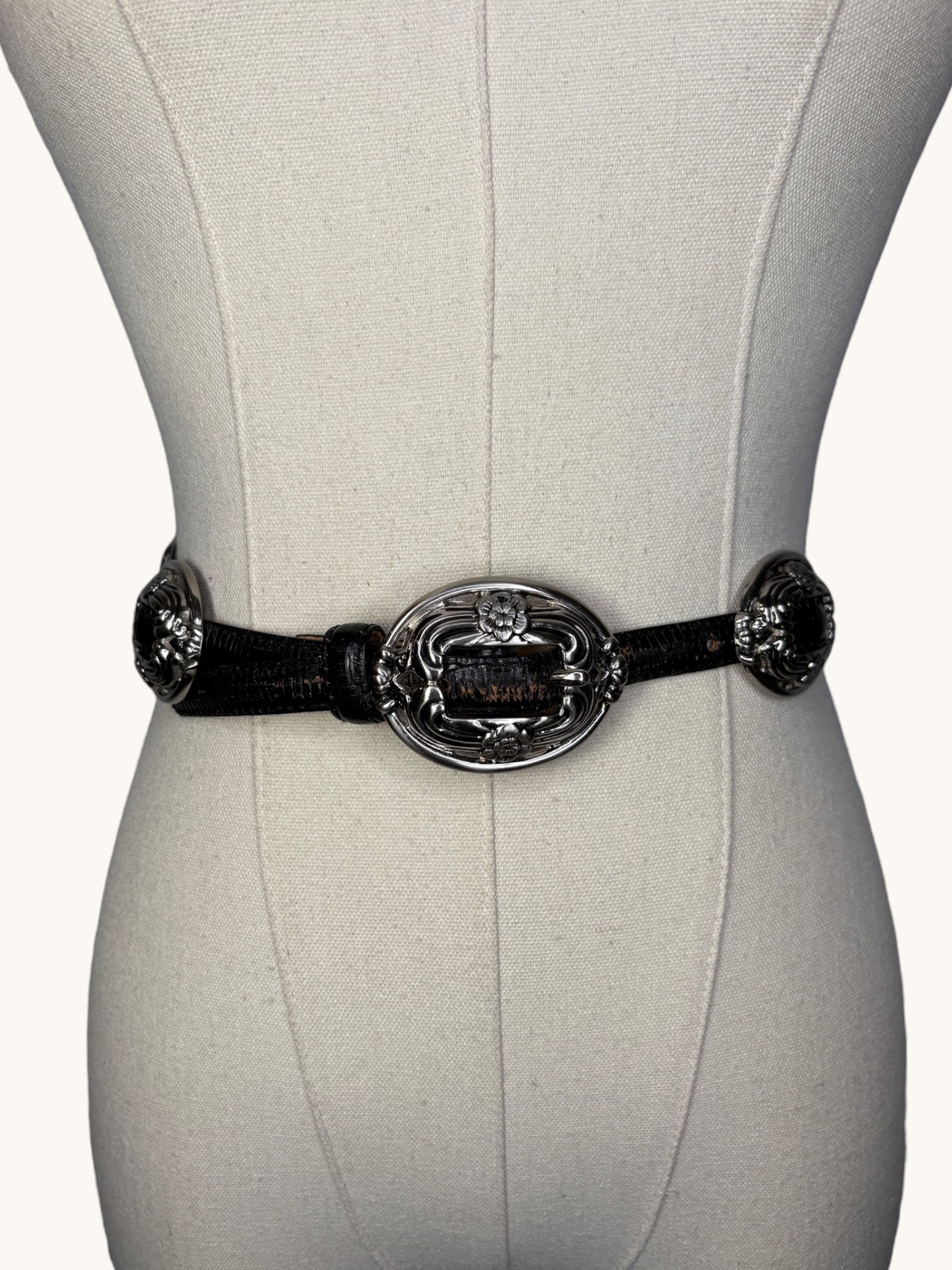 90s Black Leather Belt with Silver Accents - M