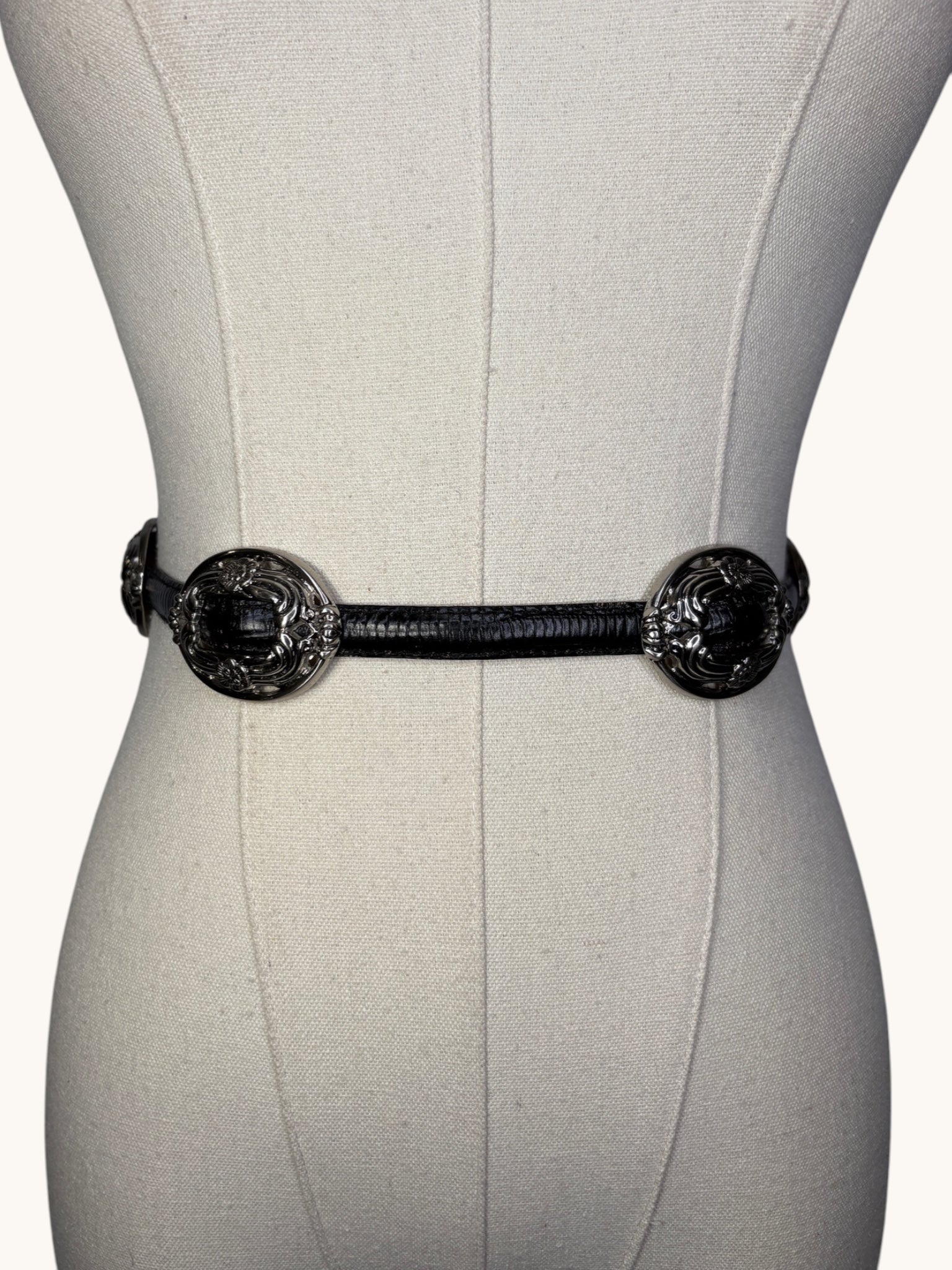 90s Black Leather Belt with Silver Accents - M