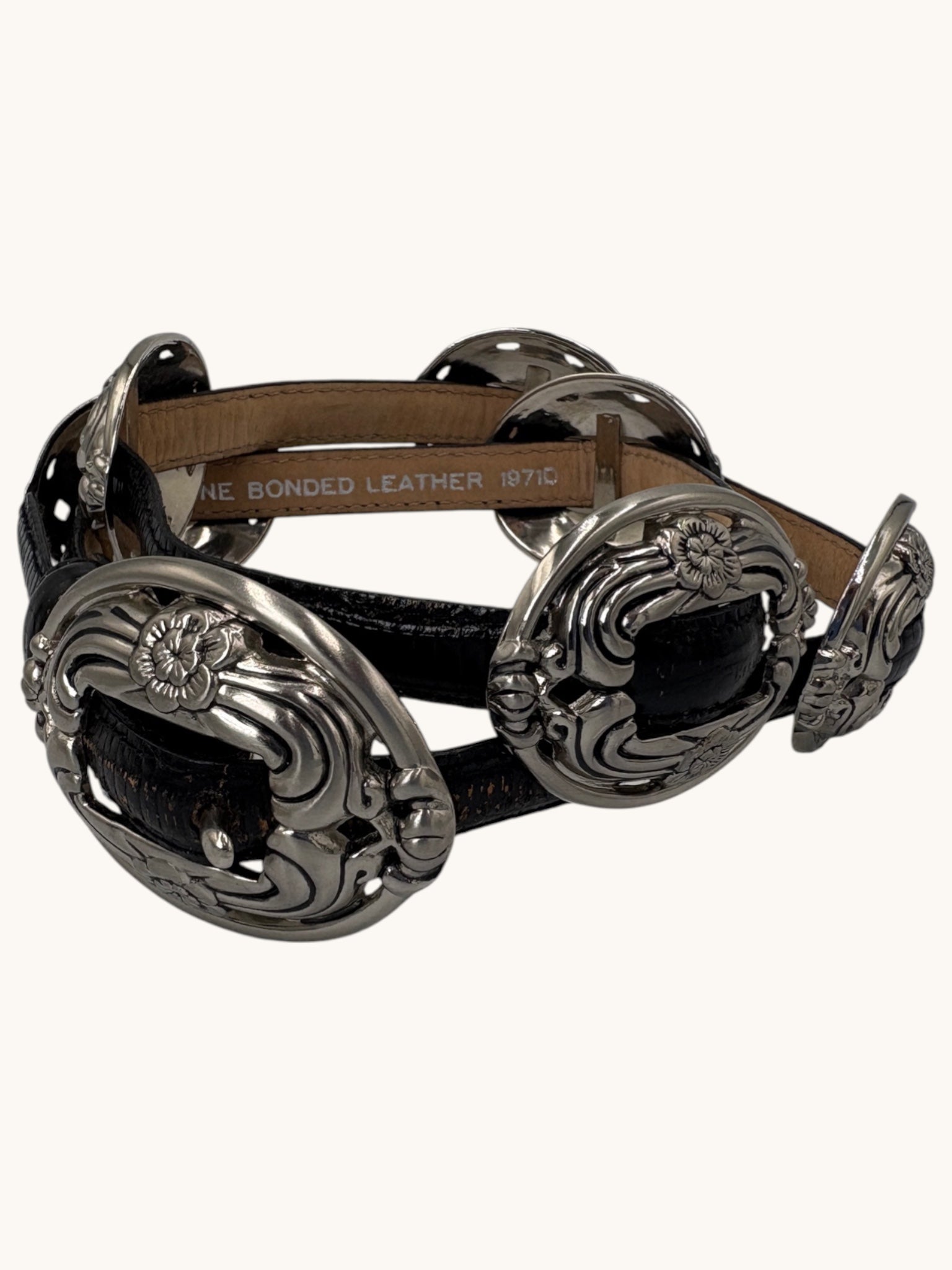 90s Black Leather Belt with Silver Accents - M
