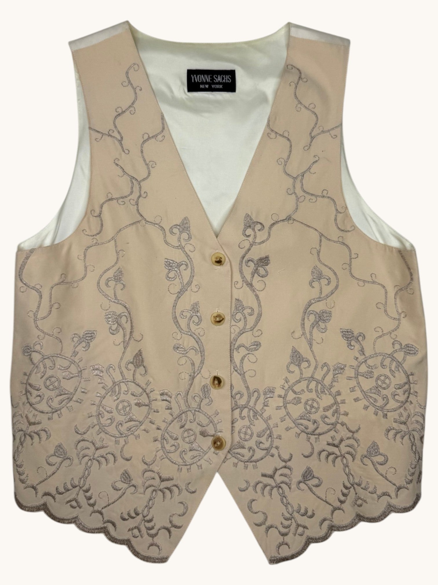 90s Yvonne Sachs Beige Embroidered Vest