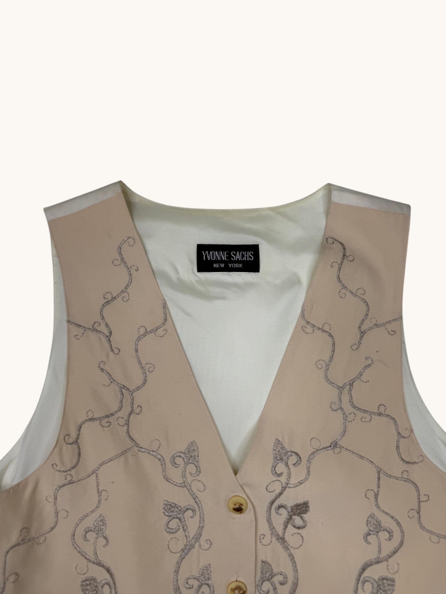 90s Yvonne Sachs Beige Embroidered Vest