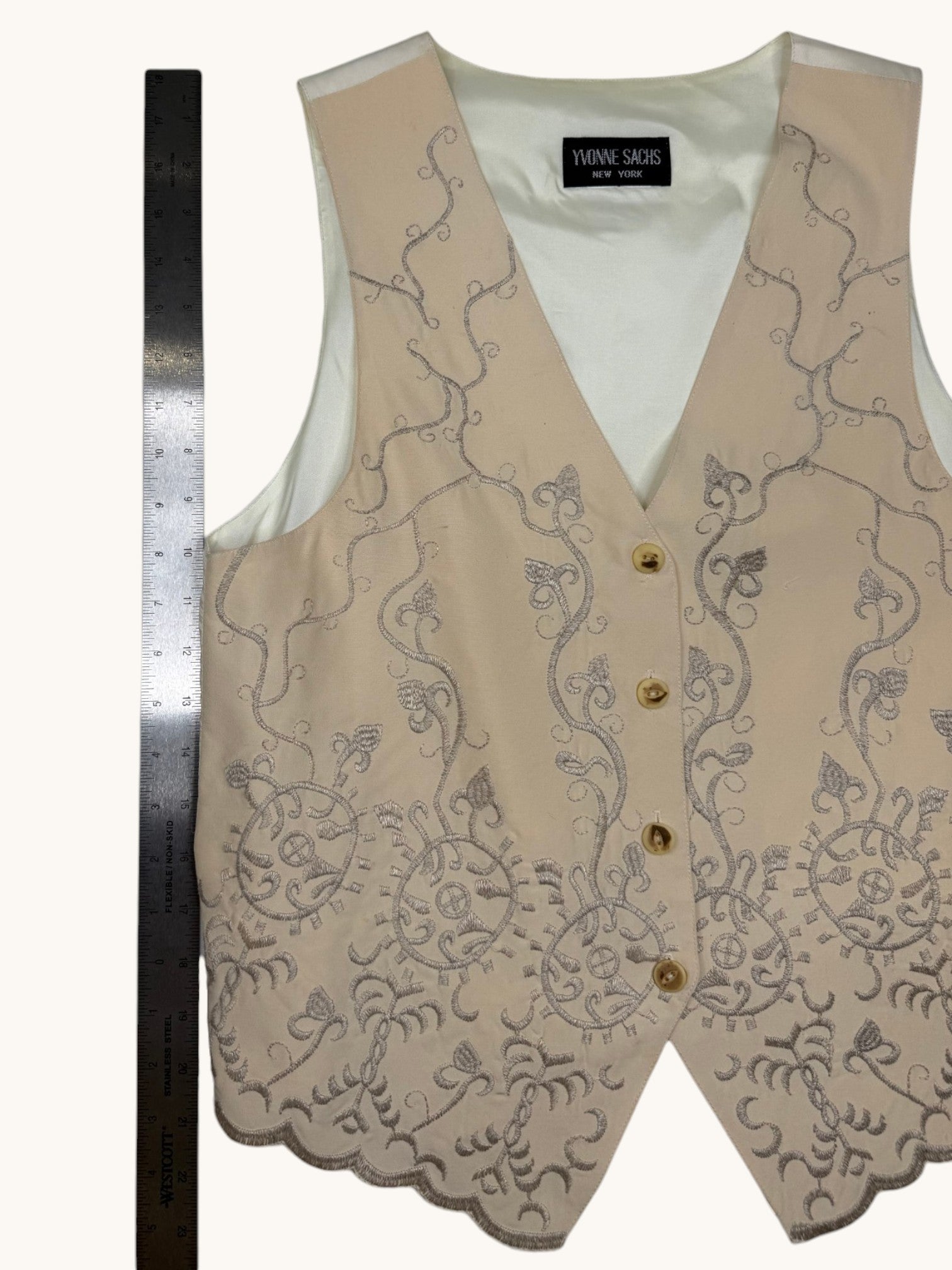 90s Yvonne Sachs Beige Embroidered Vest