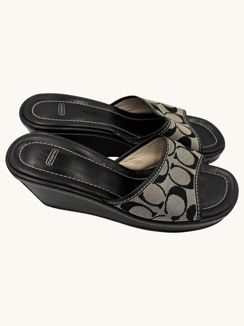 00s Coach Black Wedge Monogram Sandals - 8.5 W