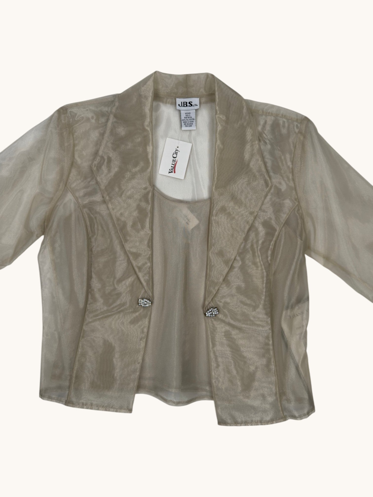 90s J.B.S. LTD Beige Sheer Blazer and Tank Set - S