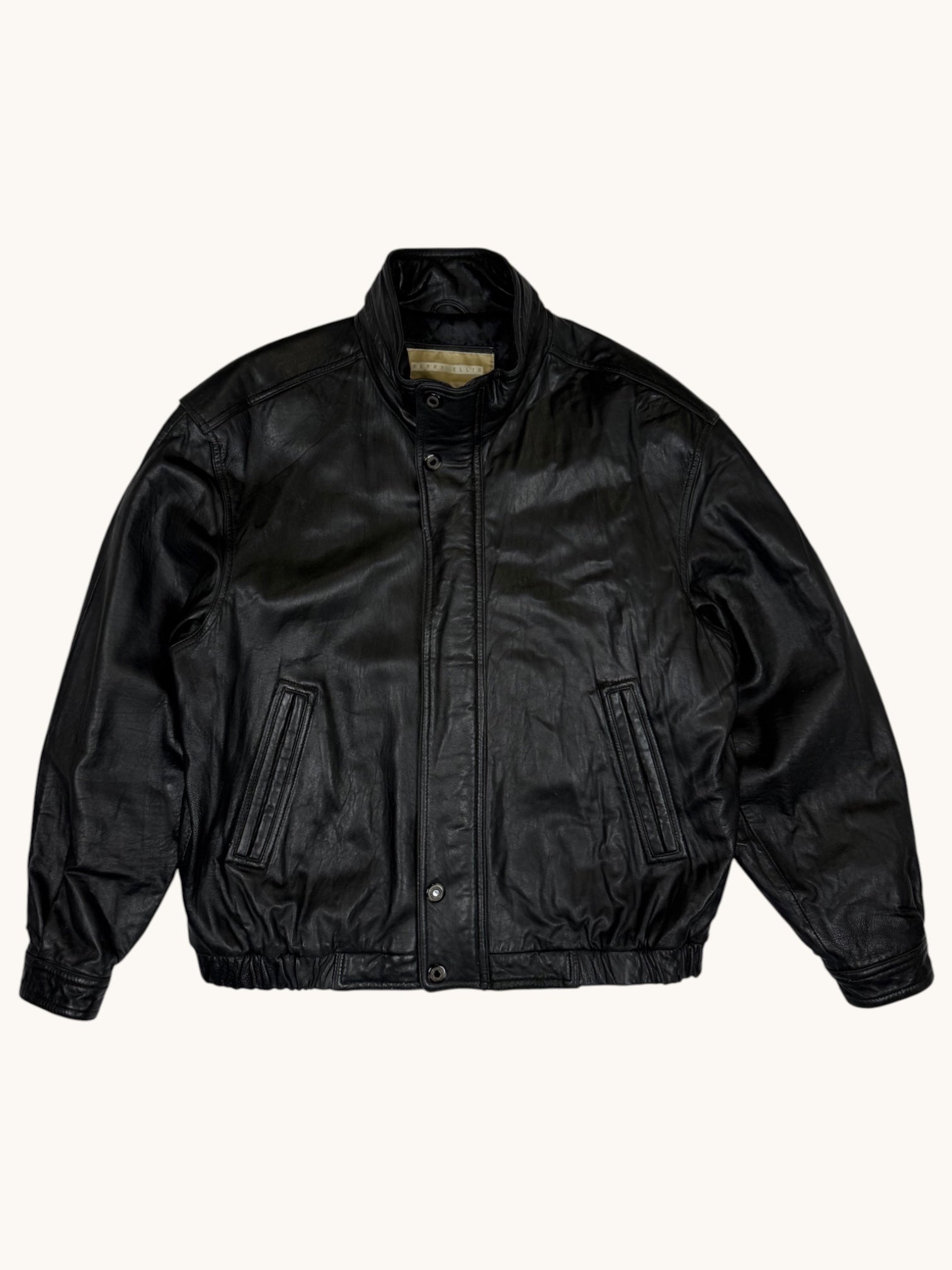 90s Perry Ellis Black Leather Bomber Jacket - XL