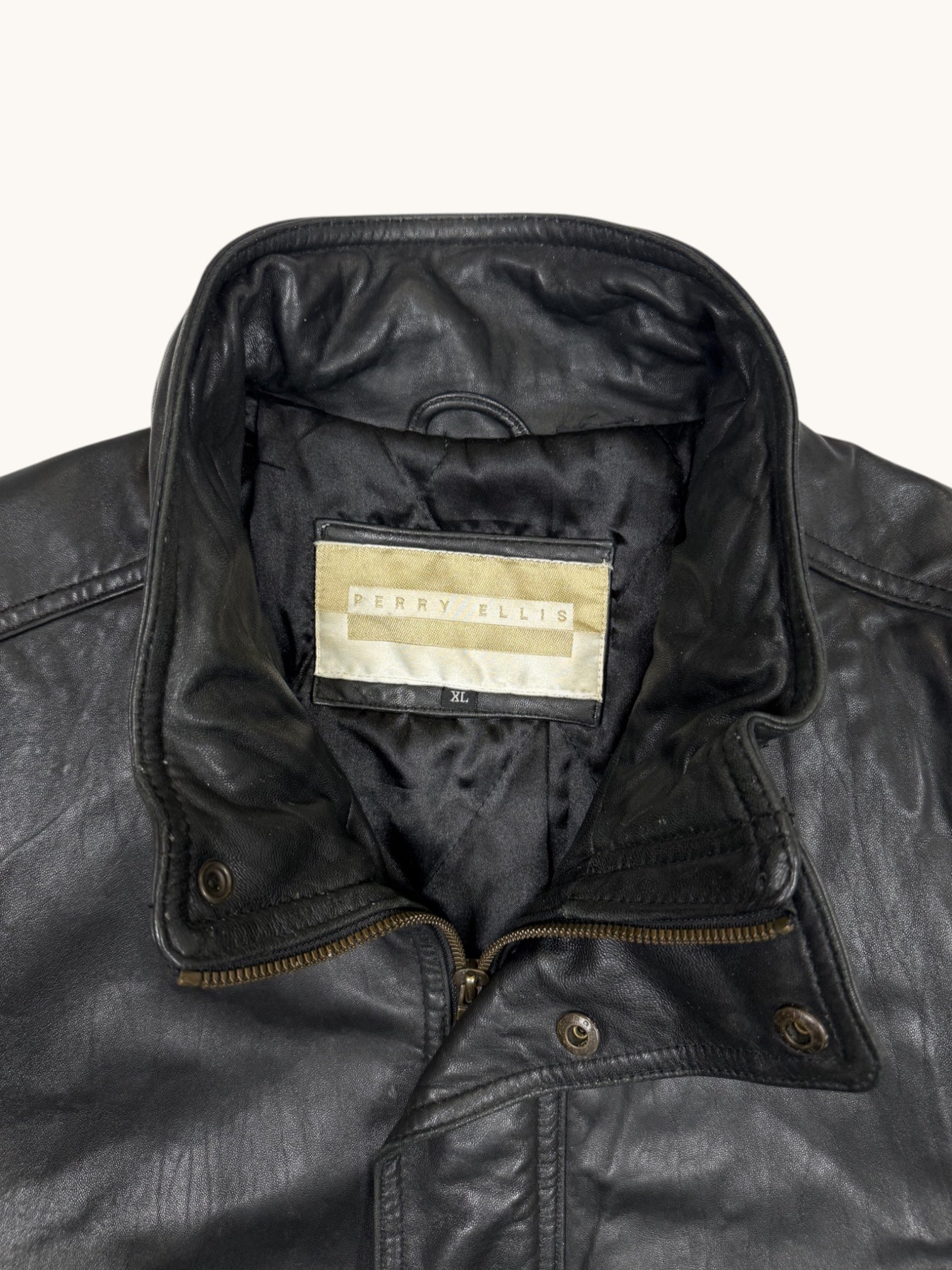 90s Perry Ellis Black Leather Bomber Jacket - XL