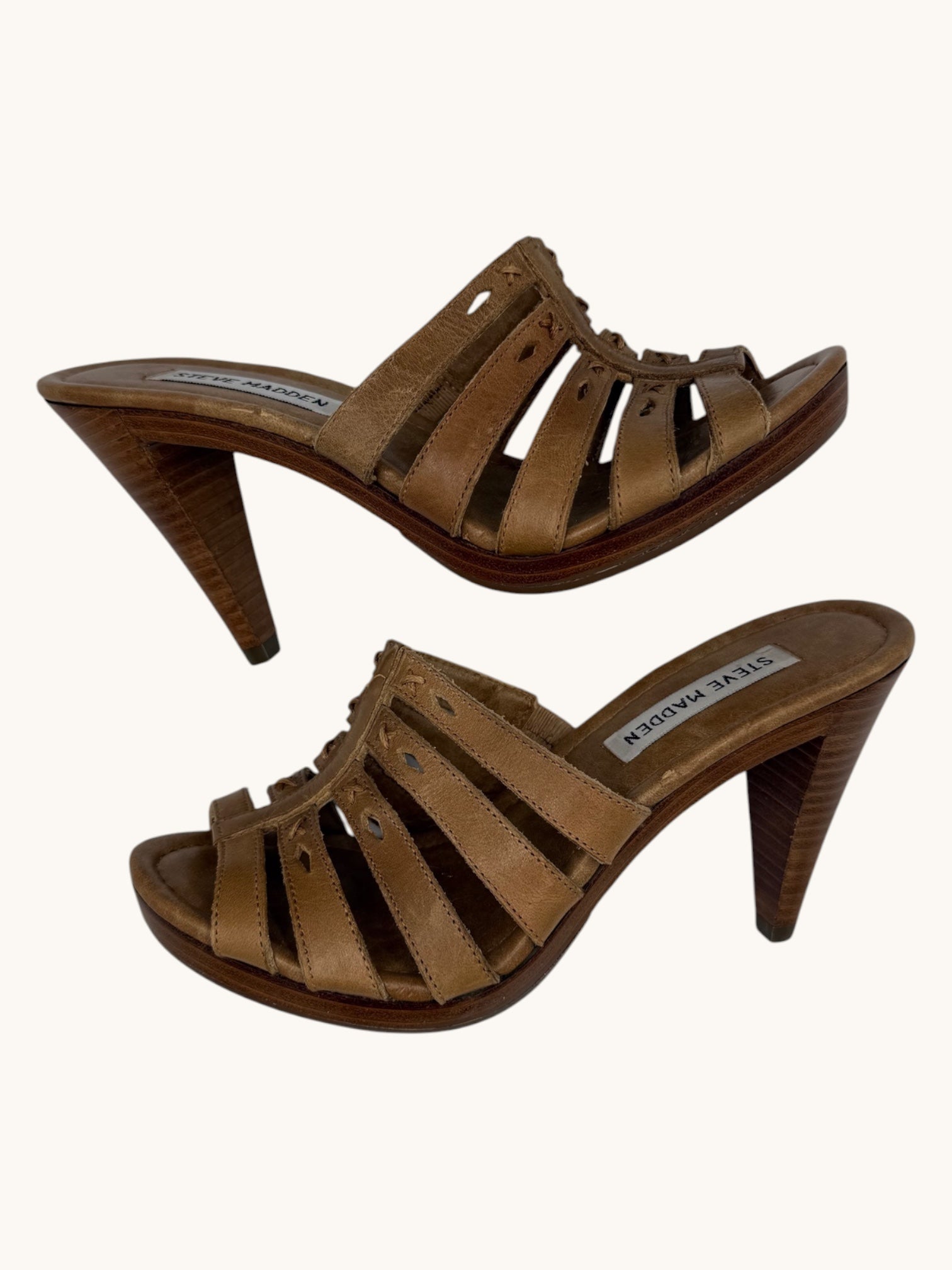 00s Steve Madden Tan Leather Strappy Heel Sandals - 6