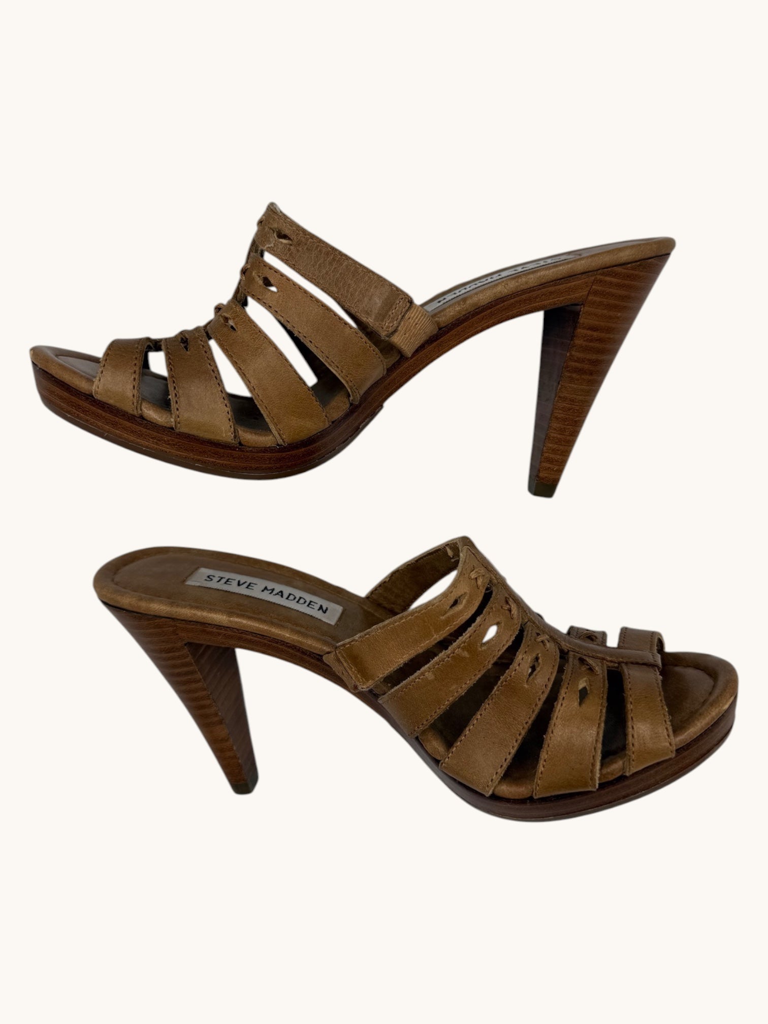 00s Steve Madden Tan Leather Strappy Heel Sandals - 6
