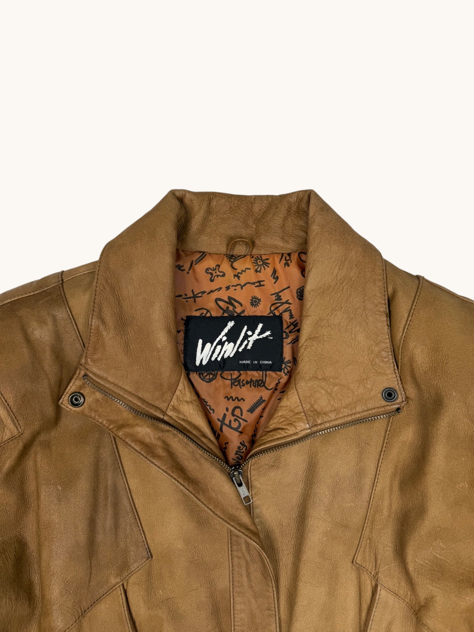 90s Winlit Brown Leather Bomber Jacket - M