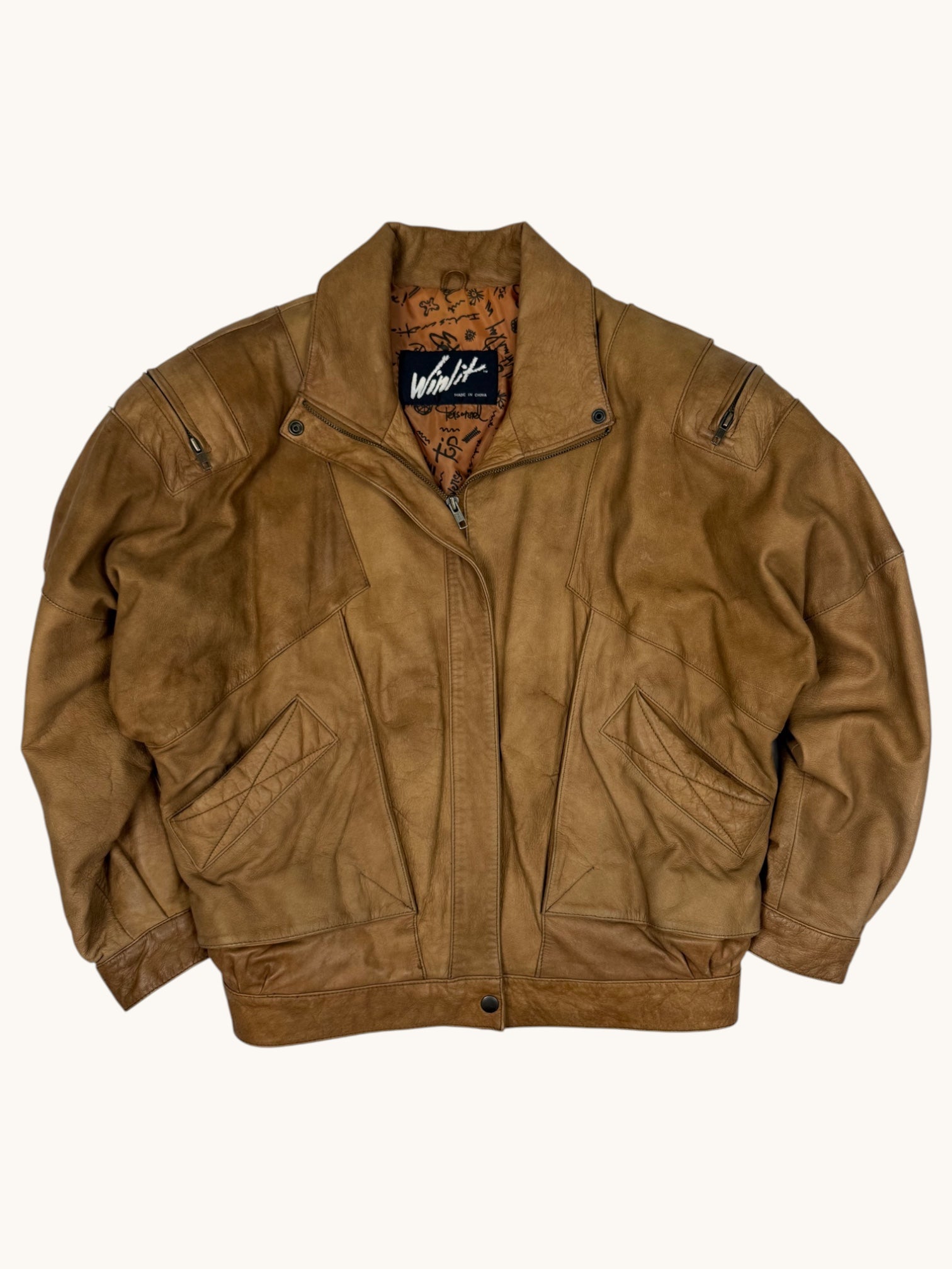 90s Winlit Brown Leather Bomber Jacket - M