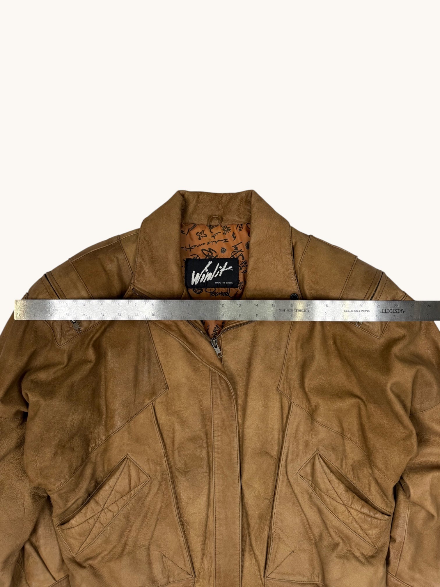 90s Winlit Brown Leather Bomber Jacket - M