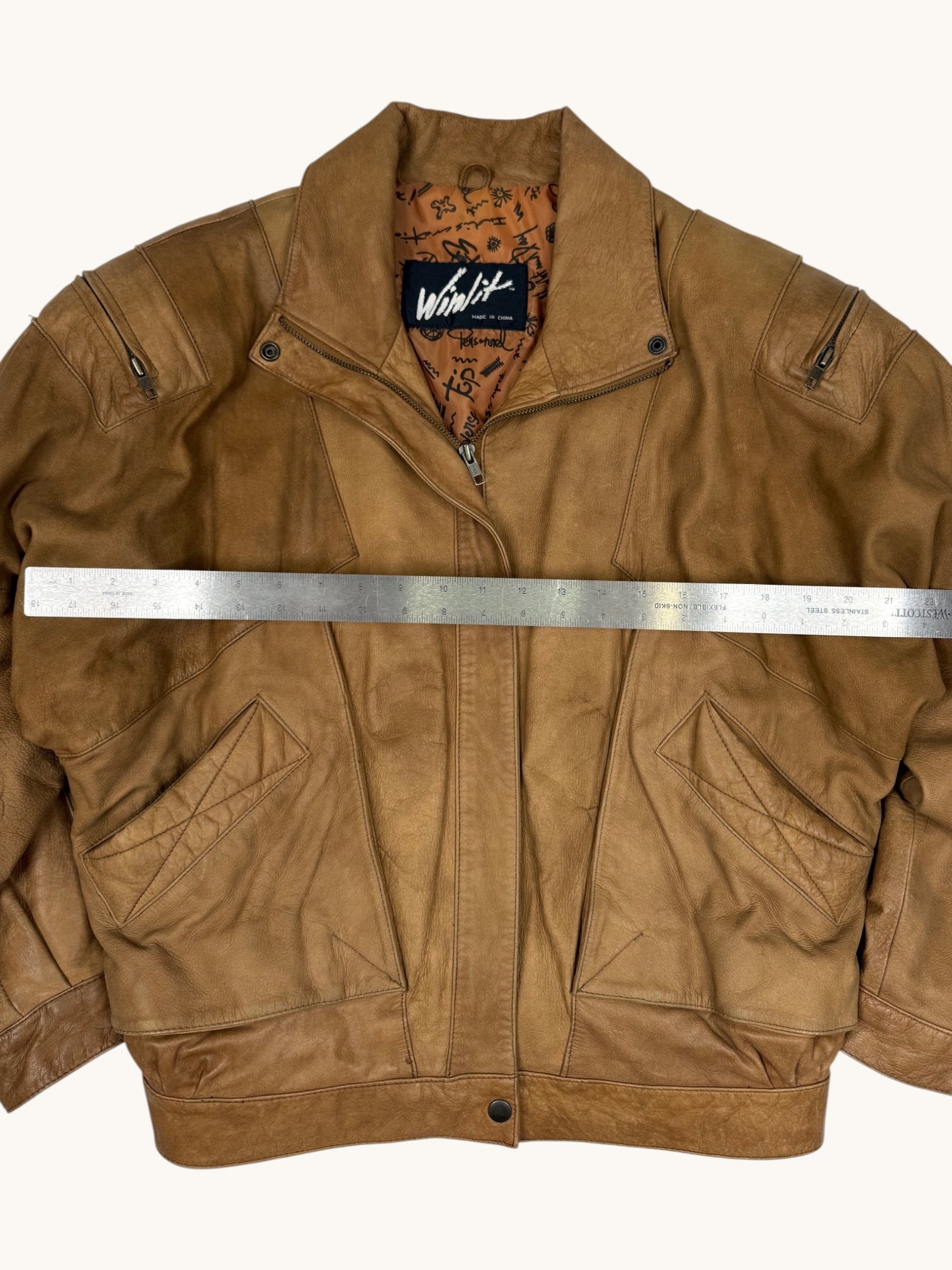 90s Winlit Brown Leather Bomber Jacket - M