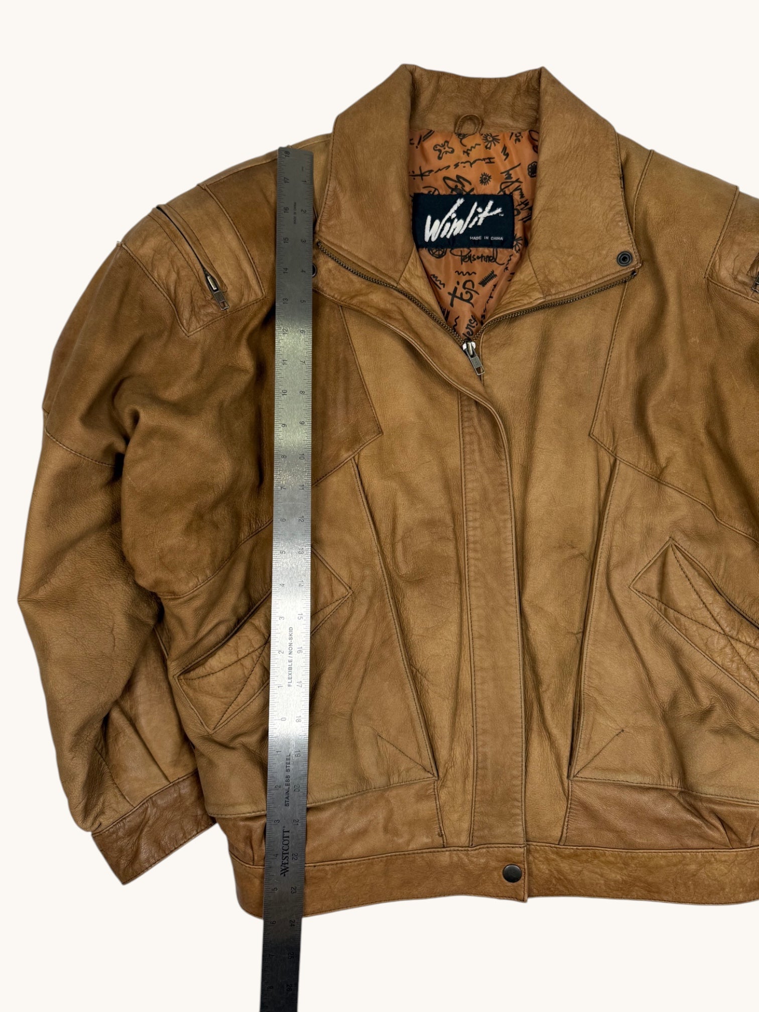 90s Winlit Brown Leather Bomber Jacket - M