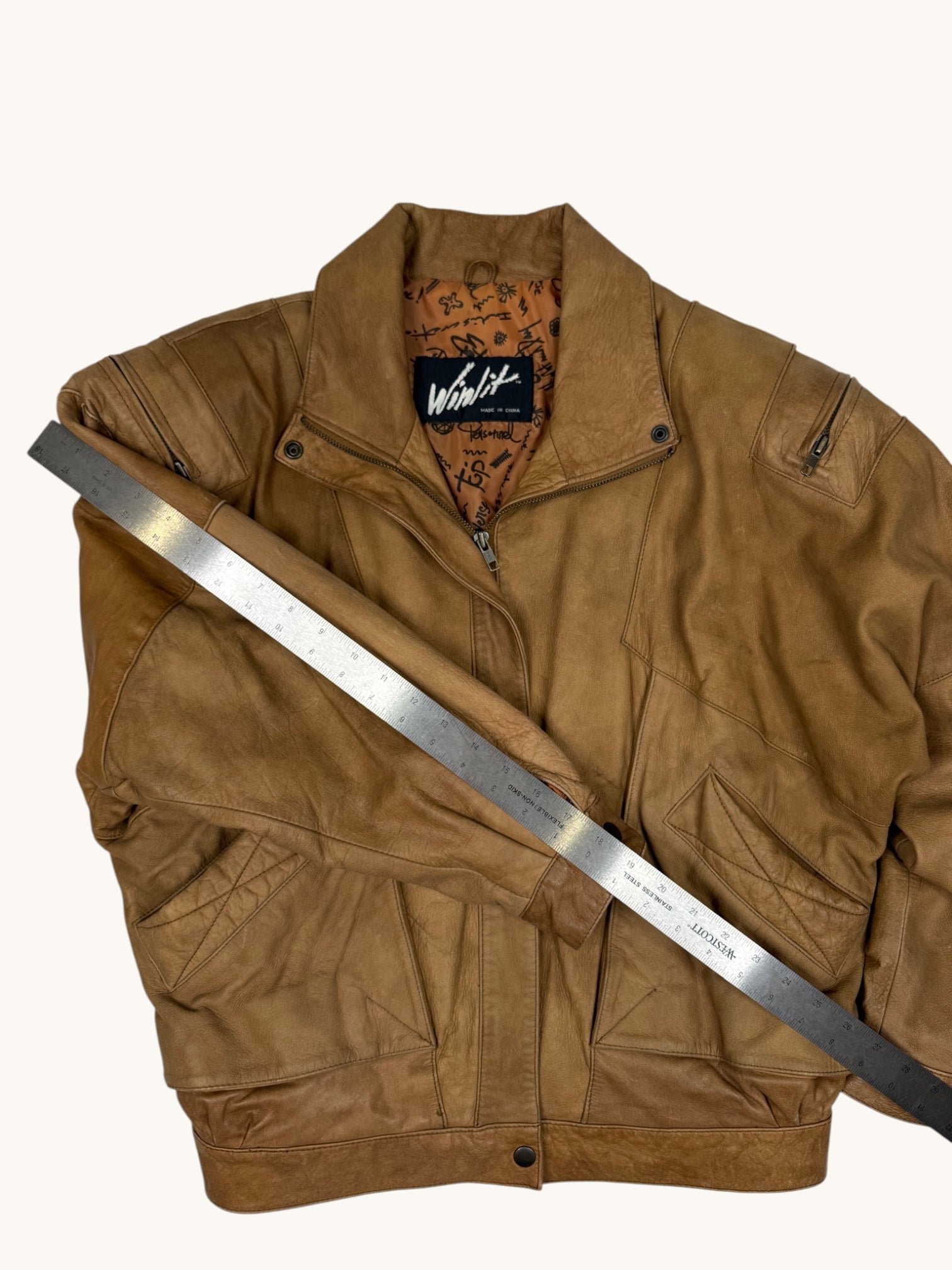 90s Winlit Brown Leather Bomber Jacket - M