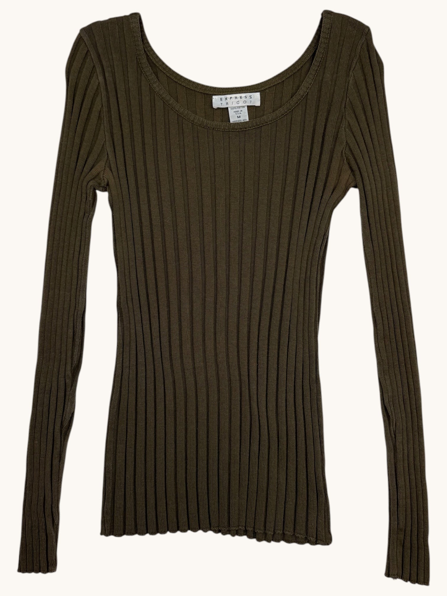 90s Express Tricot Green Ribbed Long Sleeve Top - M