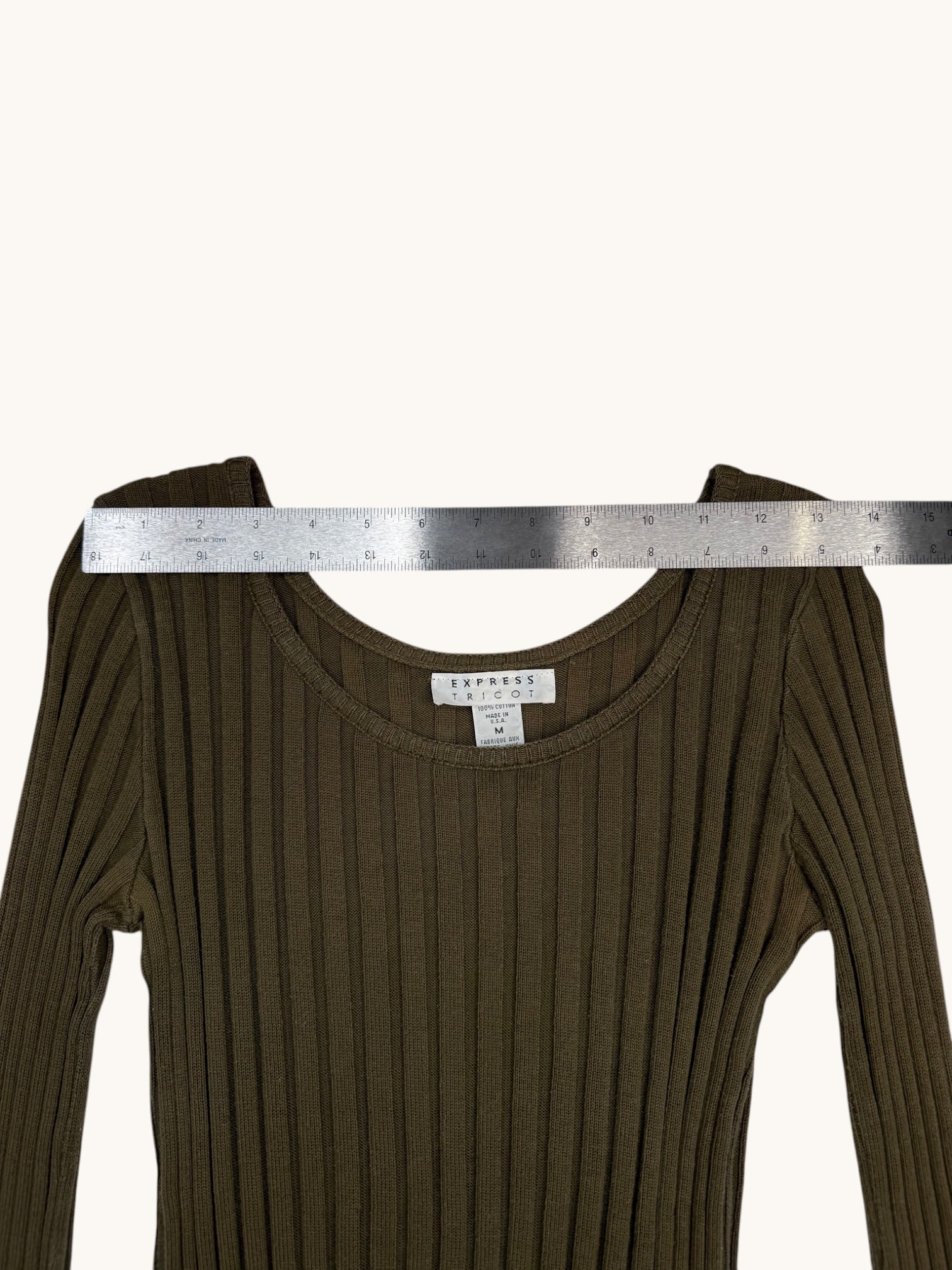 90s Express Tricot Green Ribbed Long Sleeve Top - M
