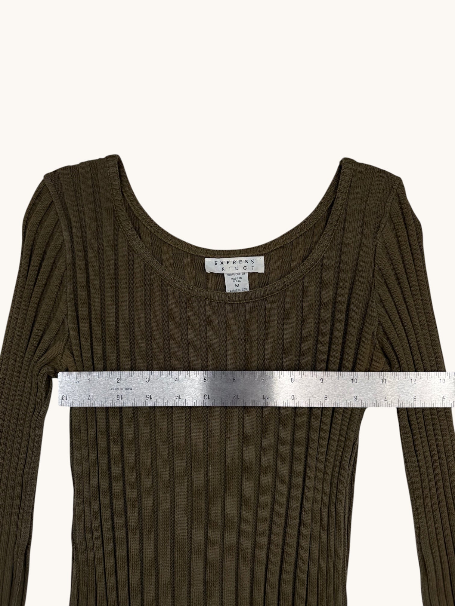 90s Express Tricot Green Ribbed Long Sleeve Top - M