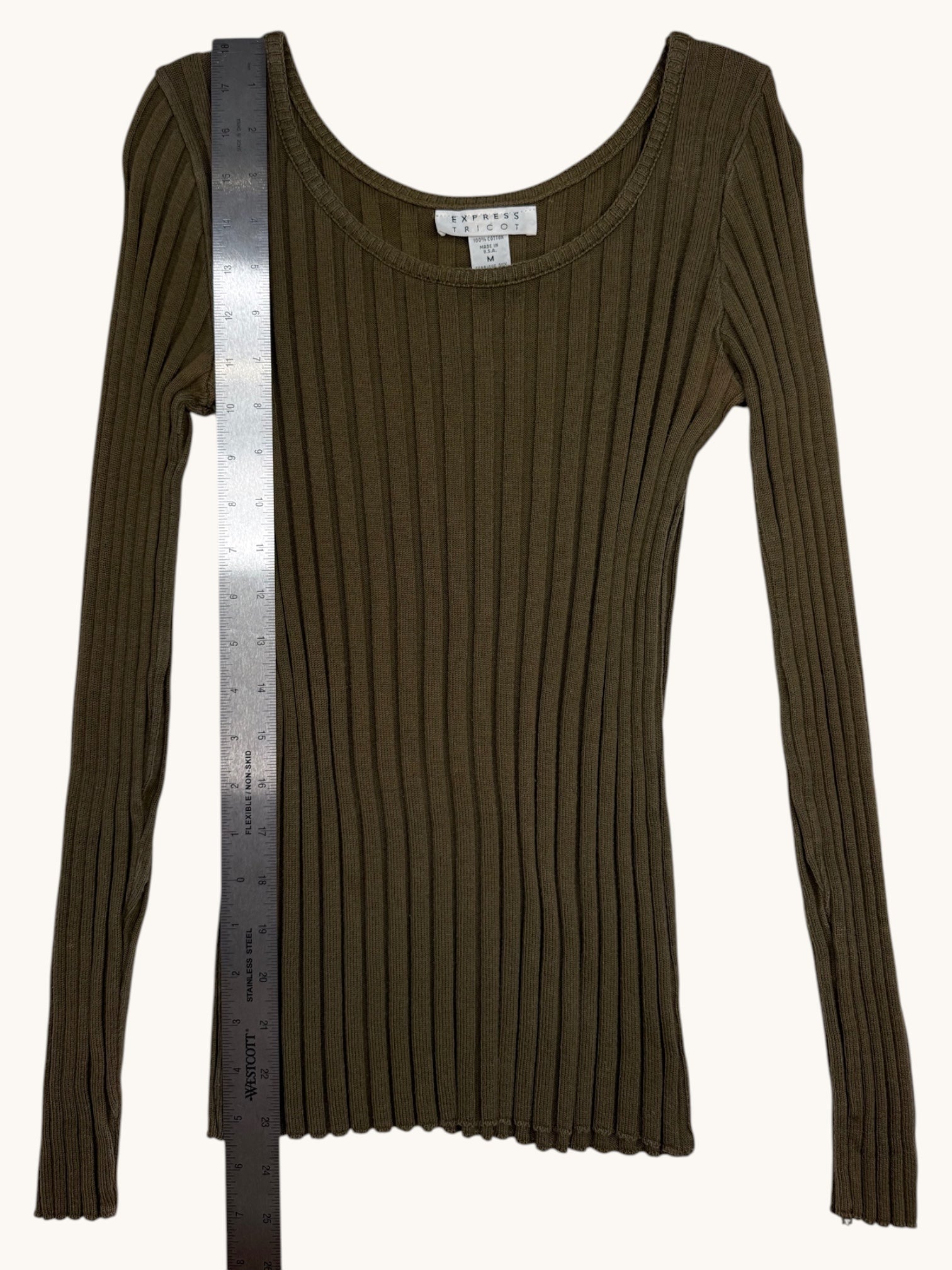 90s Express Tricot Green Ribbed Long Sleeve Top - M