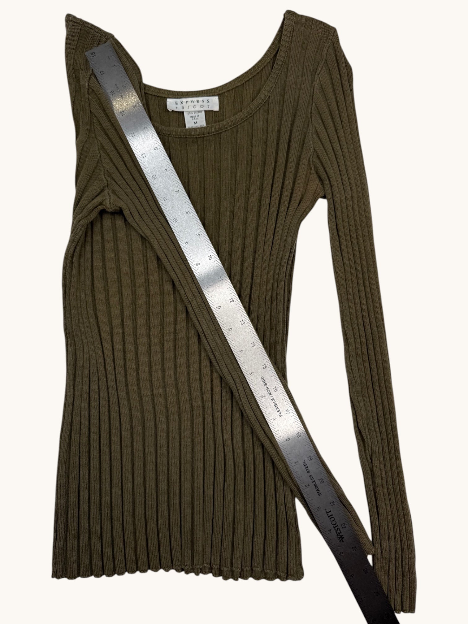 90s Express Tricot Green Ribbed Long Sleeve Top - M