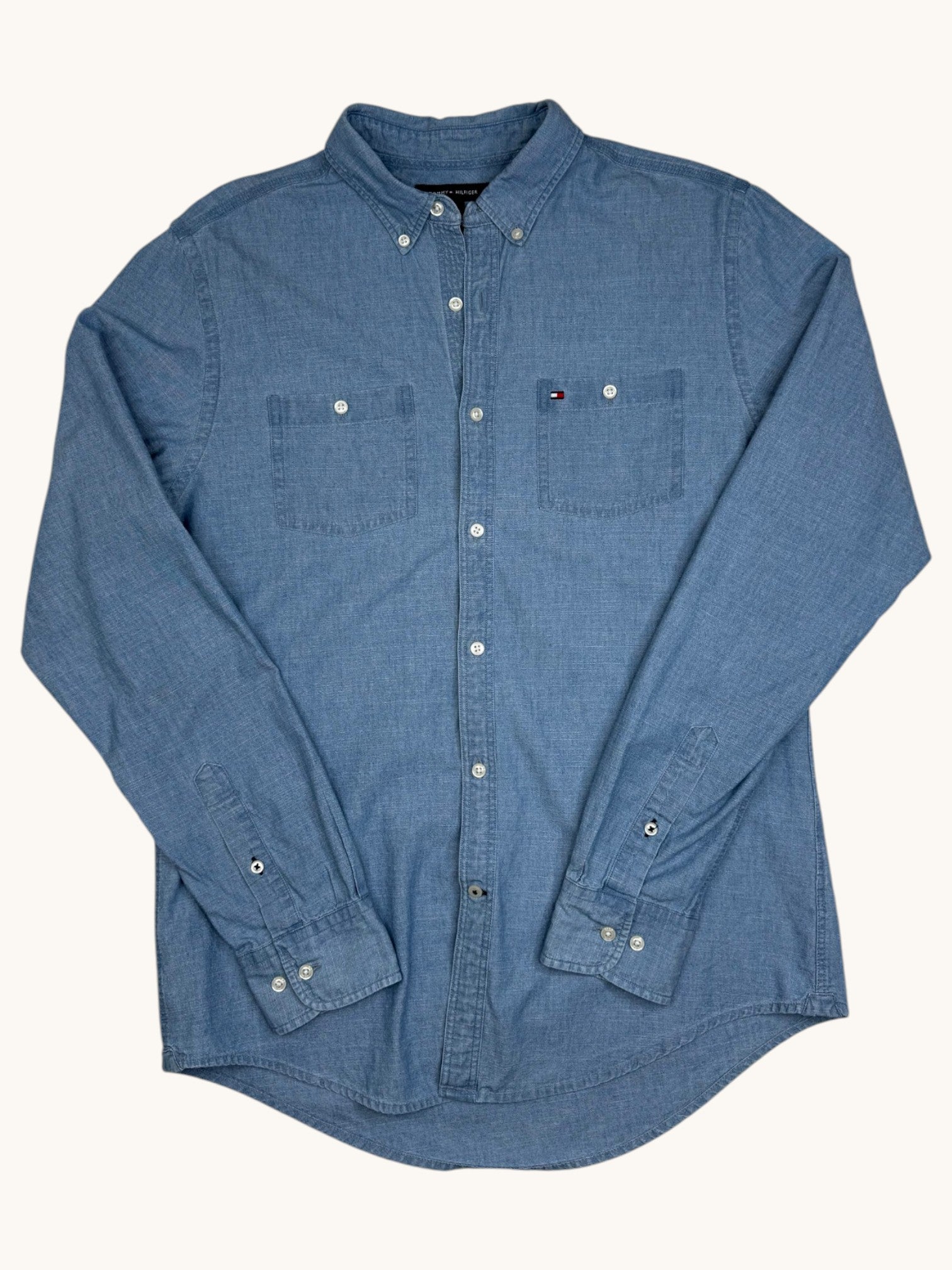 90s Tommy Hilfiger Blue Denim Button-Up Shirt - M
