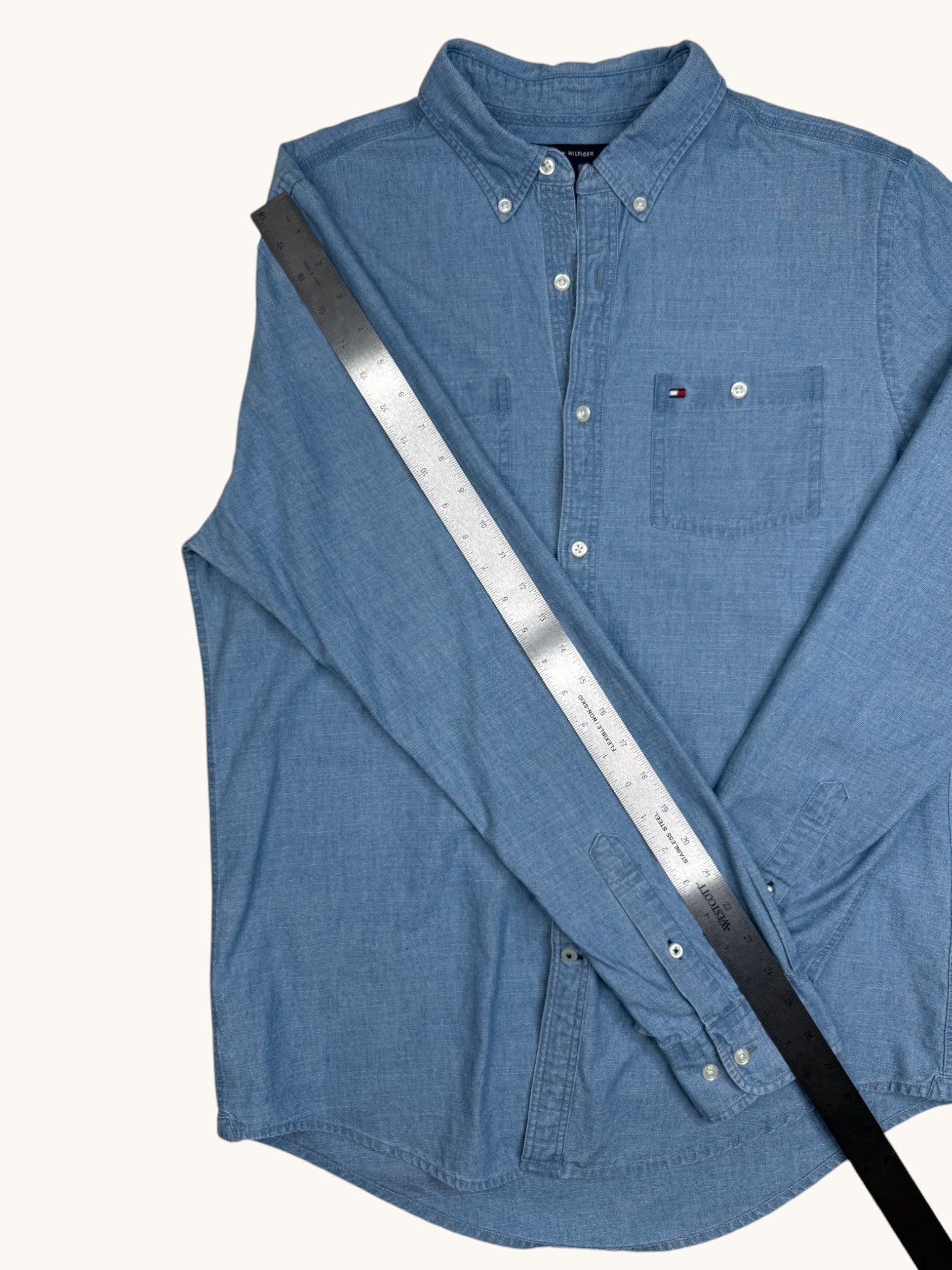 90s Tommy Hilfiger Blue Denim Button-Up Shirt - M
