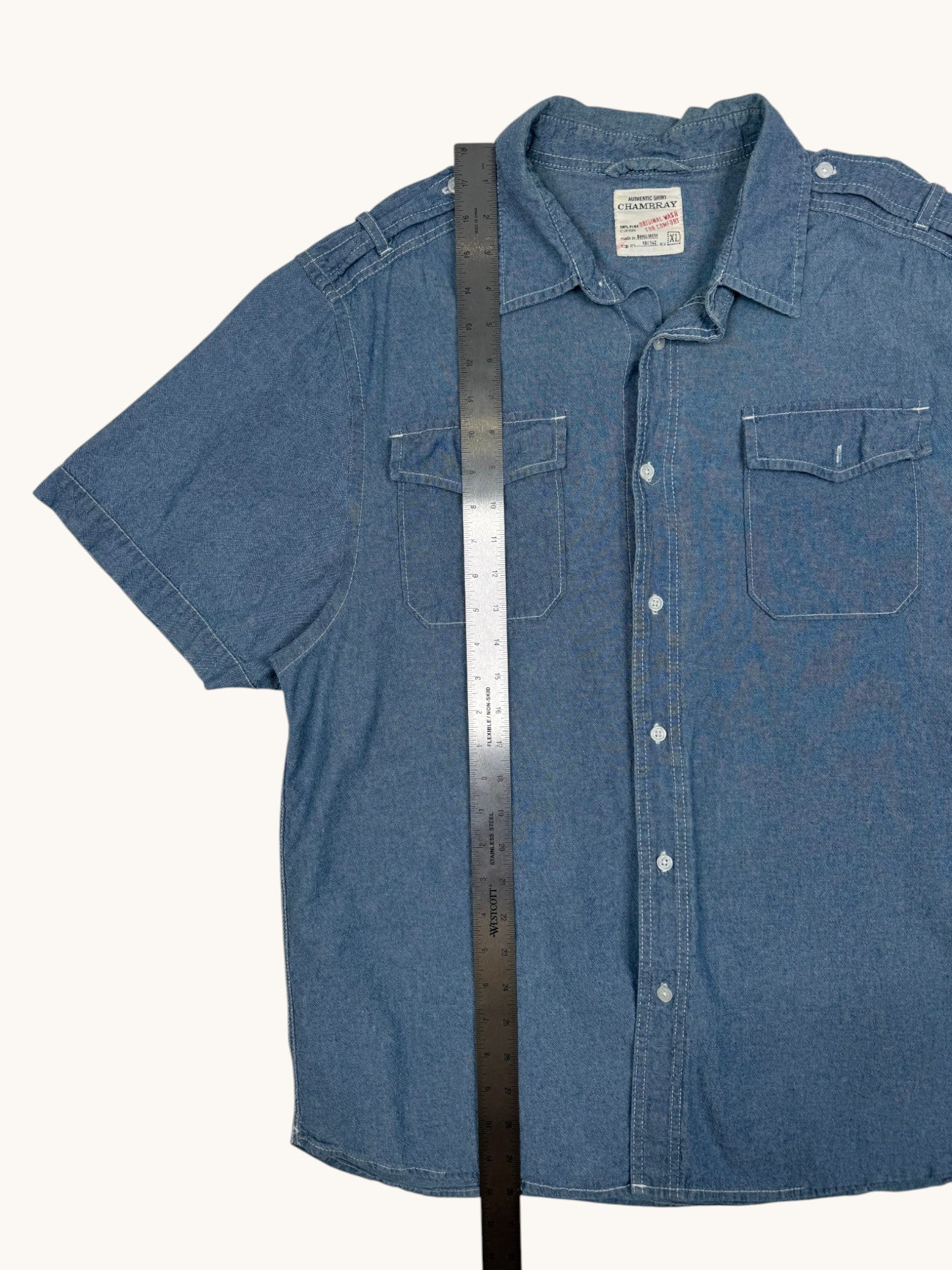00s Chambray Blue Denim Button Up Shirt - XL